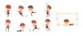 Child playing football or soccer set. Boy in various poses and position with ball vector illustration. Happy little kid