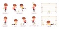 Child playing football or soccer set, poses and prepositions. Boy in various position with ball vector illustration