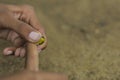 A child playing with glass marbles which is an old Indian village game. Glass Marbles are also called as Kancha in Hindi Language