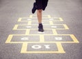 Child playing hopscotch on playground Royalty Free Stock Photo