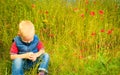 Child playing on meadow examining field flowers Royalty Free Stock Photo