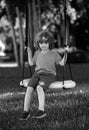 Child playing outdoor. Kids swing on backyard. Happy cute little boy swinging and having fun healthy summer vacation Royalty Free Stock Photo