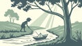 Child Playing with a Paper Boat in a River by the Forest, vector design Generative AI Royalty Free Stock Photo
