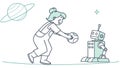 Child Playing with Robot, Futuristic Tech Exploration Fun, vector design Generative AI Royalty Free Stock Photo