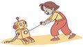 Child Playing with Robot on a String, vector design Generative AI Royalty Free Stock Photo