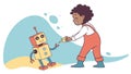 Child playing with a robot toy, exploring imagination and future tech. vector design Generative AI Royalty Free Stock Photo