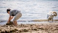 Child playing sands on the beach while swan cleaning feathers in water. One little Asian boy in casual clothing with cygnus olor Royalty Free Stock Photo