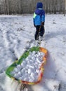 Child Playing with Snowballs on a Sled on Hill with Winter Snow Having Fun Royalty Free Stock Photo