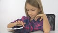 Child Playing Tablet, Computer, Girl Surfing Internet, Kid Studying Office Royalty Free Stock Photo
