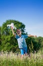 Child playing toy airplane on field Royalty Free Stock Photo