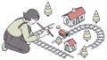 Child playing with train set, imaginative play, miniature town, creative fun, vector design Generative AI Royalty Free Stock Photo