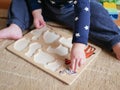 A child plays a game developing motor skills. the child remembers the types of animals Royalty Free Stock Photo