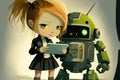 Child plays mobile phone, little girl walks with her funny robot, illustration, generative AI