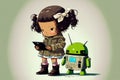 Child plays smartphone, little girl walks with her funny robot, illustration, generative AI
