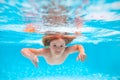 Child in pool in summer day. Child boy swim under water in sea. Kid swimming in pool underwater. Happy boy swims in sea Royalty Free Stock Photo