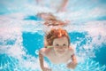 Child in pool in summer day. Kid swimming in pool underwater. Child boy swim under water in sea. Royalty Free Stock Photo