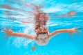 Child in pool in summer day. Young boy swim and dive underwater. Under water portrait in swim pool. Child boy diving Royalty Free Stock Photo