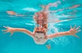 Child in pool in summer day. Young boy swim and dive underwater. Under water portrait in swim pool. Child boy diving Royalty Free Stock Photo