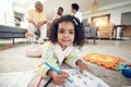 Child portrait, coloring homework and pencil art of a girl lying on a living room carpet with family at home. House