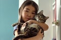 Child portrait with domestic pet, cute asian girl holding tabby cat Royalty Free Stock Photo