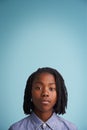 Child, portrait and studio for tween, young and growing up for adolescent, innocent and growth on mockup. African person Royalty Free Stock Photo