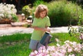 Child pouring water on the trees. Kid helps to care for the plants in the garden. Little boy with a watering can on Royalty Free Stock Photo