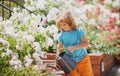 Child pouring water on the trees. Kid helps to care for the plants in the garden. Little boy with a watering can on Royalty Free Stock Photo