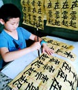 A child practicing Chinese calligraphy carefully Royalty Free Stock Photo