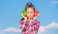 Child presenting kinds of pepper. Fall harvest homegrown vegetables. Choose which. Alternative decision concept. Kid