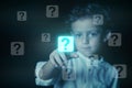 Child pressing a button with the question mark icon on a virtual screen