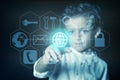 Child pressing the button with the world wide web icon on a virtual screen