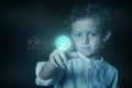 Child pressing the button with the world wide web icon on a virtual screen