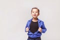 Child pretend to be superhero. Imagination, idea and concept of success and revenge school foes Royalty Free Stock Photo