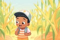 child pretending to be scared in the corn maze