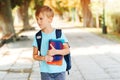 Child of primary school. Pupil go study with backpack and books. Back to school concept. Schoolboy is ready for study Royalty Free Stock Photo