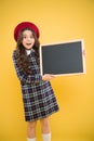 Child promo information board. Girl hold blank blackboard chalkboard. Tourist information. Travel around world Royalty Free Stock Photo