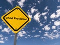 child protection traffic sign on blue sky