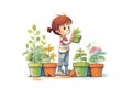 child proudly displaying herbs growing in pots