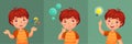 Child question. Thoughtful young boy ask question, confused kid and understand or found answer cartoon vector portrait