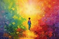 A child in rainbow coloured imaginary world. Child mental health concept. ASD, autism spectrum disorder awareness concept.