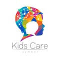 Child rainbow logotype in vector. Silhouette profile human head with brain. Concept logo for people, children, autism