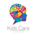 Child rainbow logotype in vector. Silhouette profile human head with brain. Concept logo for people, children, autism