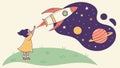 Child reaching for cosmic rocket, dreams of space exploration, whimsical universe vector, future aspirations, vector design Royalty Free Stock Photo