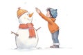 child reaching up to adjust a snowmans hat Royalty Free Stock Photo