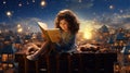 Child Reading Book Outdoor City Roof, Happy Girl Kid Read and Dream Children Books