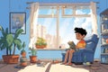 child reading a comic book near a sunny window Royalty Free Stock Photo