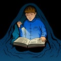 Child reads book at night pop art vector