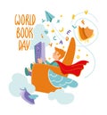 The child reads an interesting book and plunges into an imaginary world. World book day.