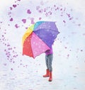 Little girl in storm of hearts with rainbow umbrella Royalty Free Stock Photo