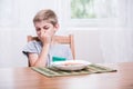 Child refusing to eat soup Royalty Free Stock Photo